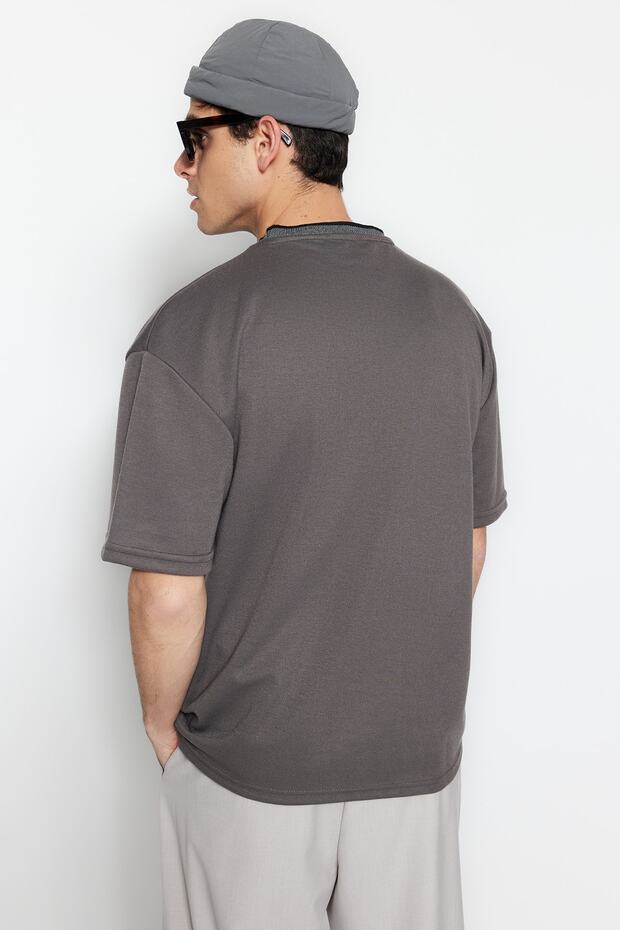 Antrasit Oversize/Geniş Kesim Triko Bantlı Dokulu Pike T-Shirt TMNSS23TS00079 - 2
