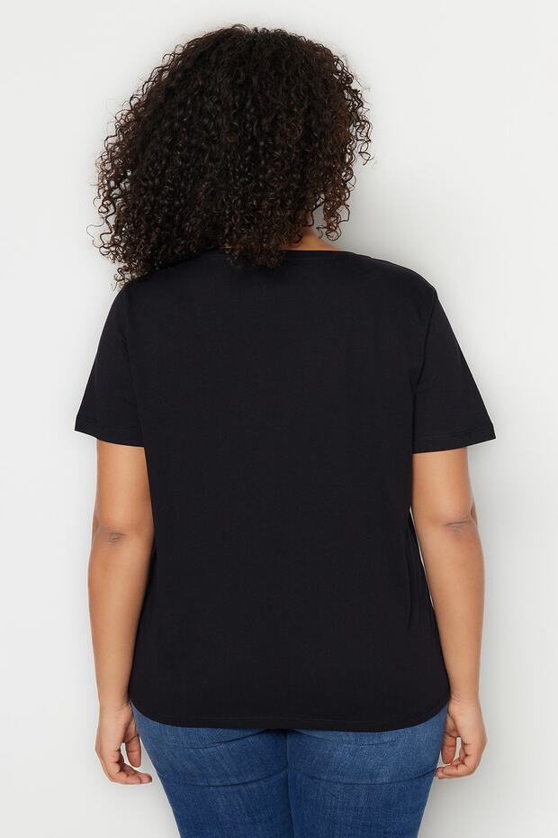 Siyah-Beyaz 2'li Paket Basic V Yaka %100 Pamuk Örme Büyük Beden T-Shirt TBBSS22TS0705 - 6