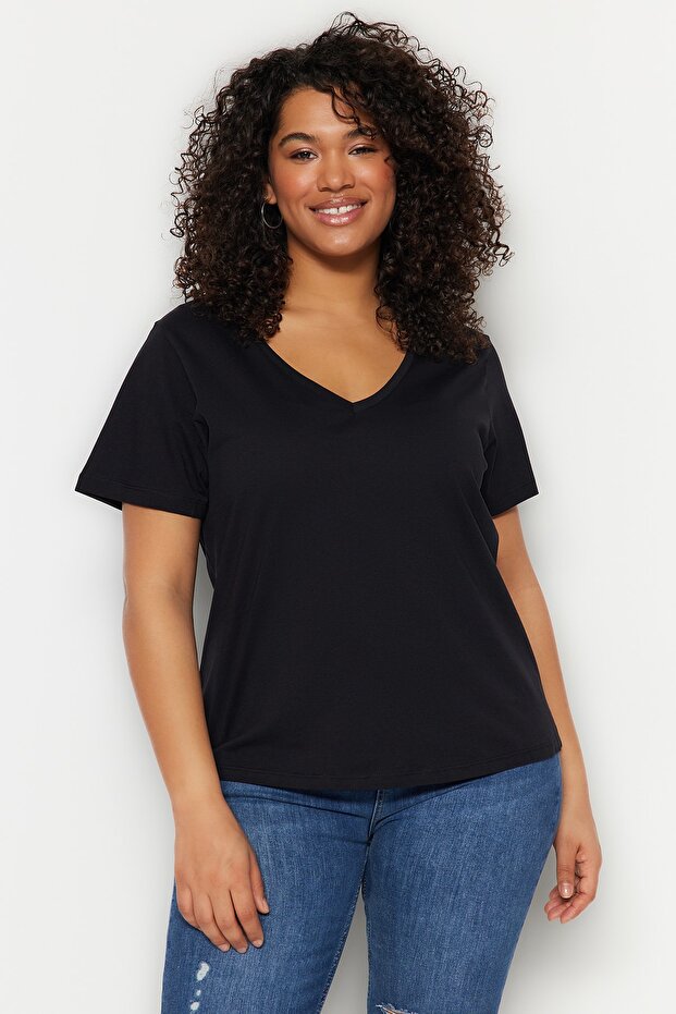 Siyah-Beyaz 2'li Paket Basic V Yaka %100 Pamuk Örme Büyük Beden T-Shirt TBBSS22TS0705 - 5