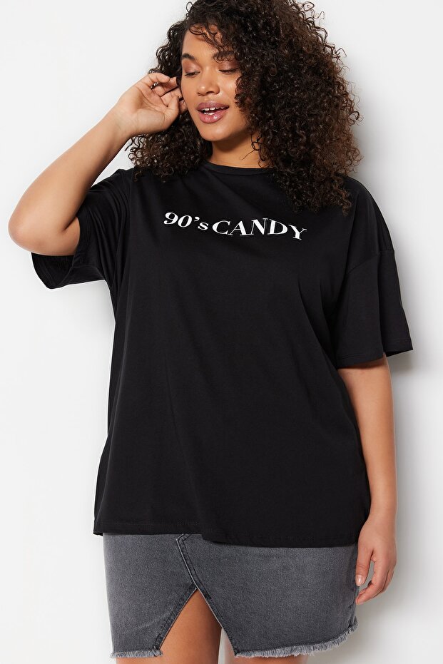 Siyah Geniş Kalıp Baskılı Bisiklet Yaka %100 Pamuk Örme T-shirt TBBSS23BF00015 - 1