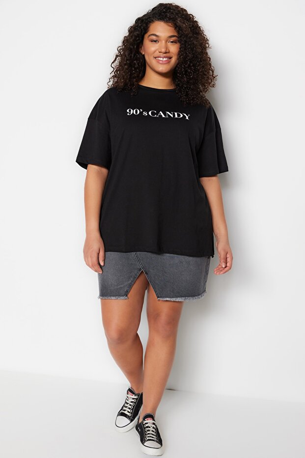 Siyah Geniş Kalıp Baskılı Bisiklet Yaka %100 Pamuk Örme T-shirt TBBSS23BF00015 - 3