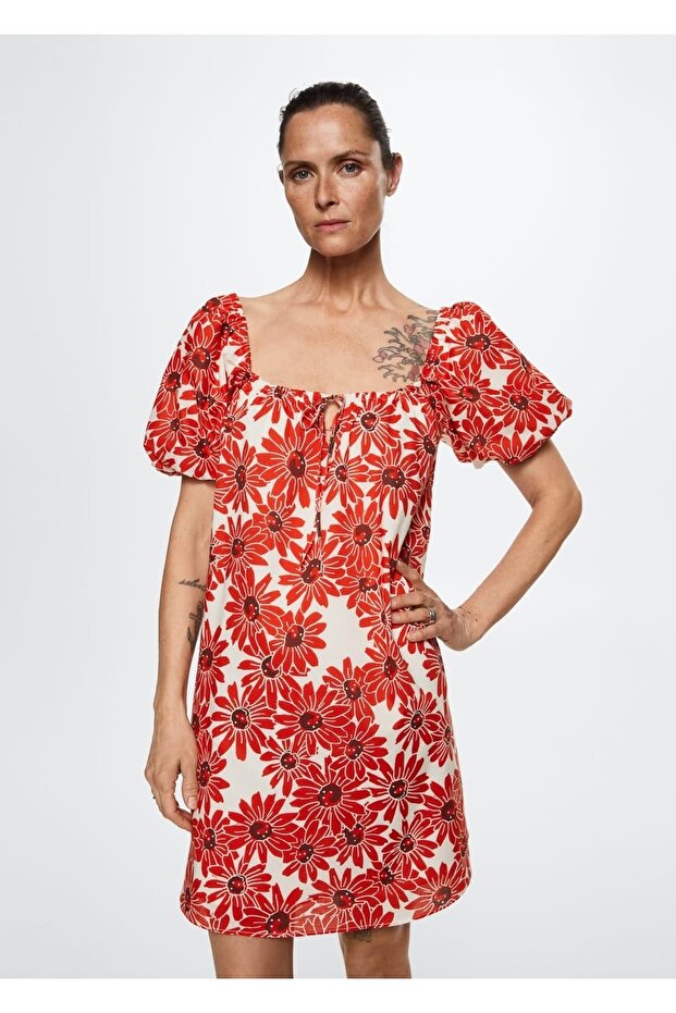 Çiçekli Pamuklu Elbise - 1