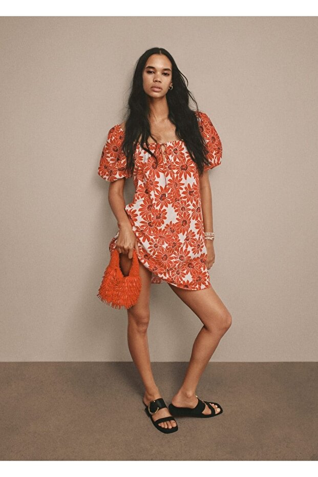 Çiçekli Pamuklu Elbise - 7