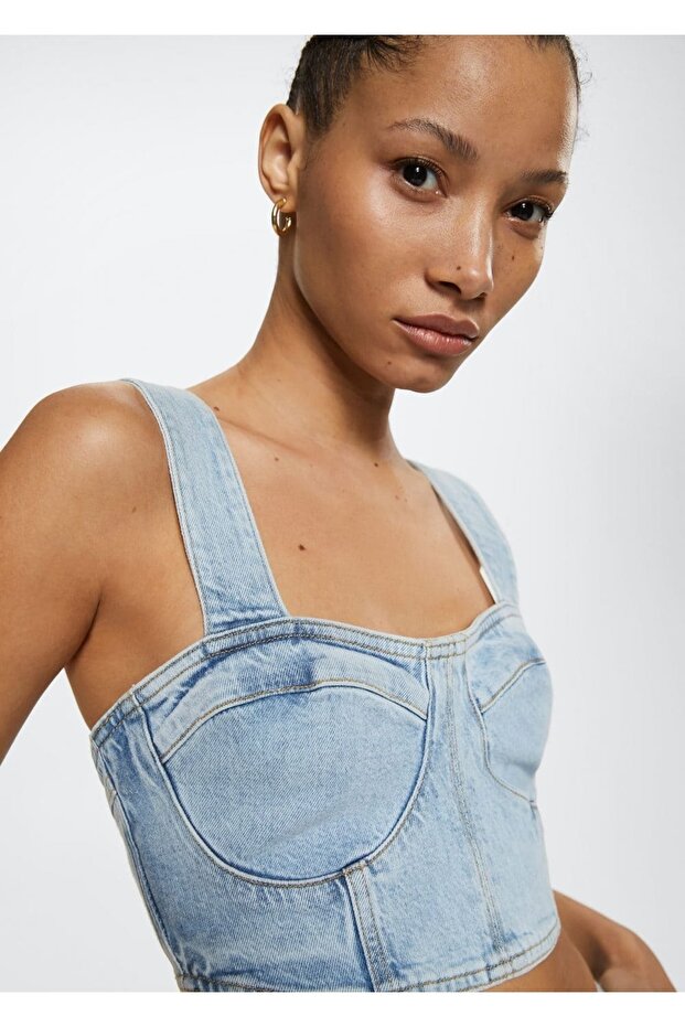 Denim Cropped Bluz - 5