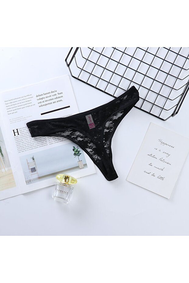 Siyah Dantel Kadın String - 1