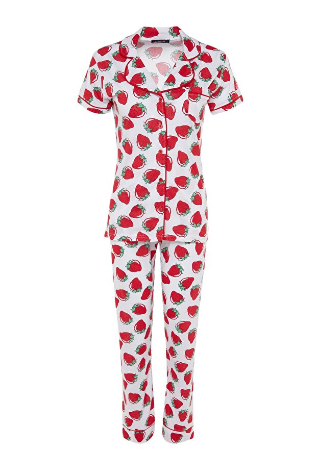 Beyaz Çilek Desenli Biyeli Uyku Bantlı Örme Pijama Takımı THMSS21PT0784 - 8