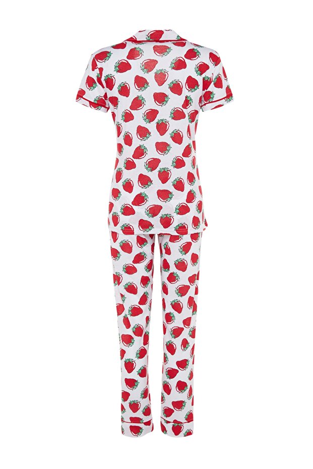 Beyaz Çilek Desenli Biyeli Uyku Bantlı Örme Pijama Takımı THMSS21PT0784 - 10