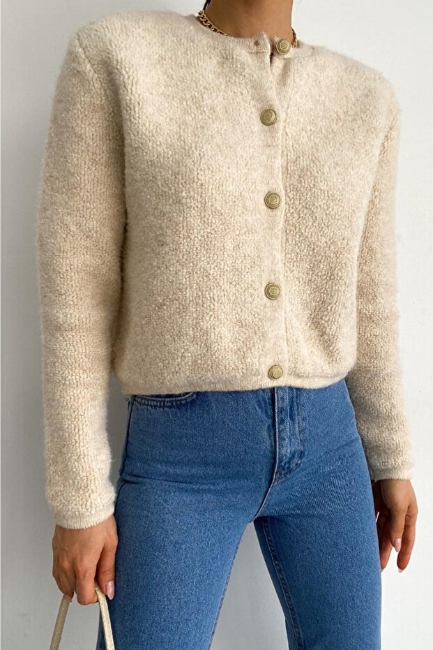Women's Beige Crew Neck Gold Buttoned Teddy Cardigan