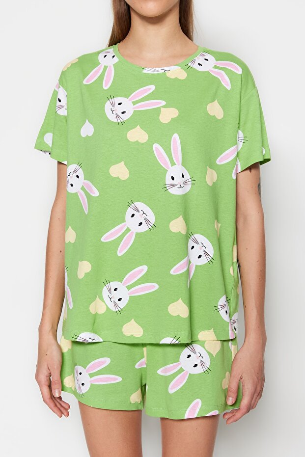 Yeşil %100 Pamuklu Kalpli Tavşan Desenli Şortlu Örme Pijama Takımı THMSS23PT00005 - 5