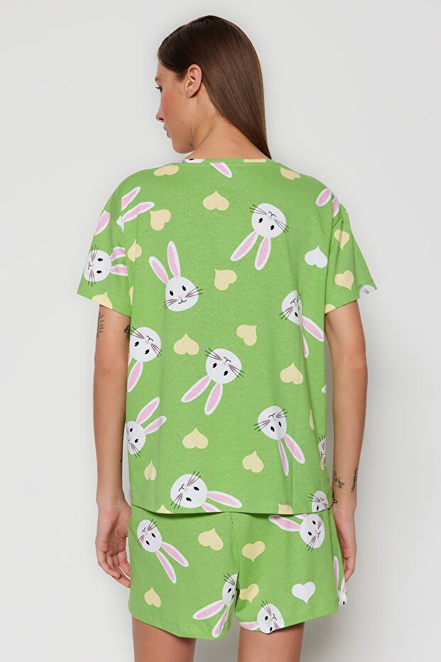 Yeşil %100 Pamuklu Kalpli Tavşan Desenli Şortlu Örme Pijama Takımı THMSS23PT00005 - 6