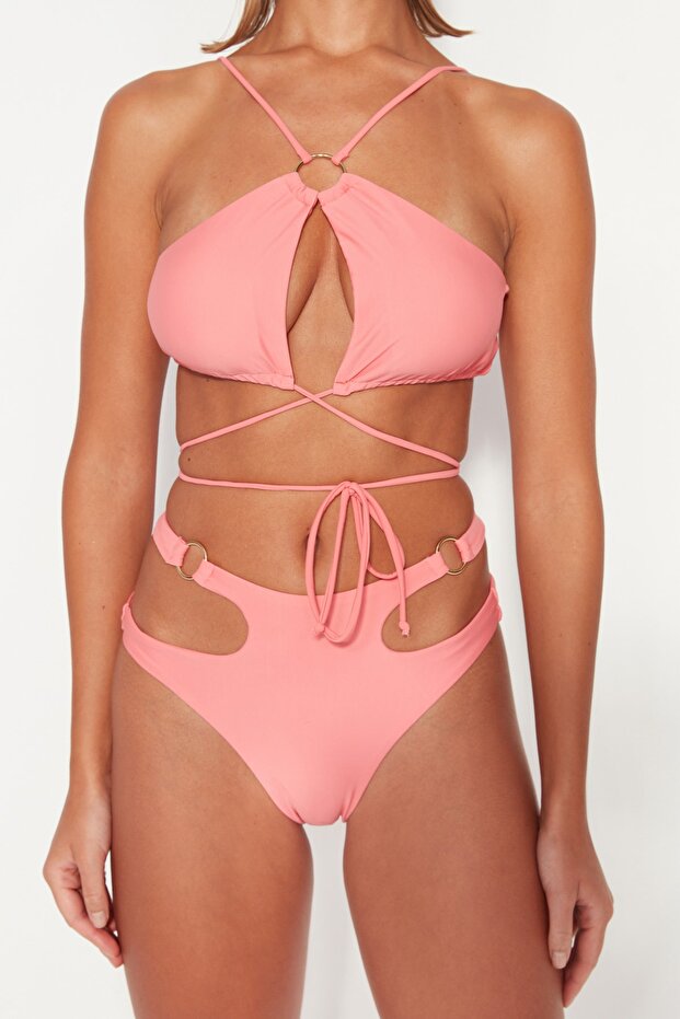 Pembe Halter Yaka Aksesuarlı Bikini Üstü TBESS23BU00016 - 4