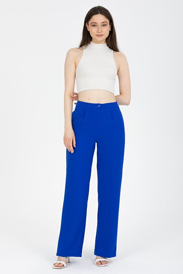 Women's Cobalt Blue High Waist Pleated Fabric Palazzo Pants