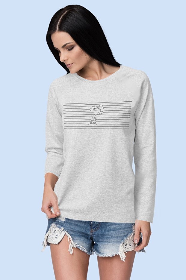 Line Dog Gray Crew Neck Long Sleeve Combed Cotton T-shirt