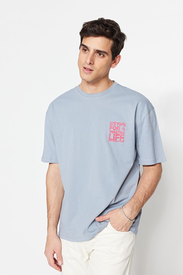 Gri Oversize/Geniş Kesim Bisiklet Yaka Yazı Baskılı %100 Pamuk T-Shirt TMNSS21TS1685 - 1