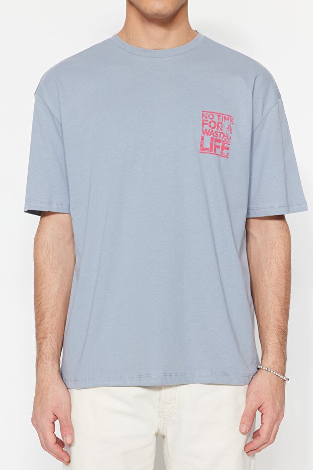 Gri Oversize/Geniş Kesim Bisiklet Yaka Yazı Baskılı %100 Pamuk T-Shirt TMNSS21TS1685 - 5
