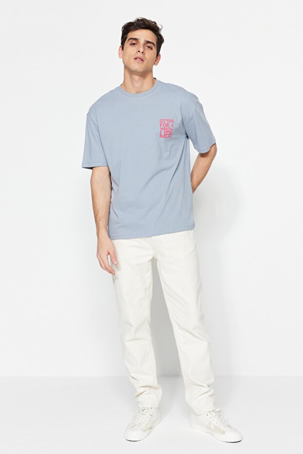 Gri Oversize/Geniş Kesim Bisiklet Yaka Yazı Baskılı %100 Pamuk T-Shirt TMNSS21TS1685 - 3