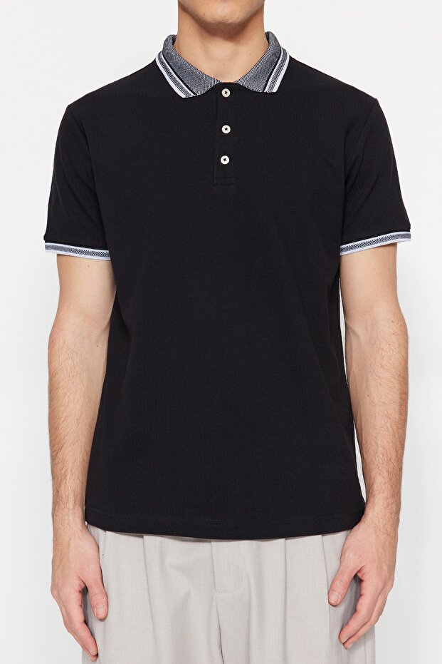 Siyah Slim/Dar Kesim %100 Polo Yaka T-shirt TMNSS22PO00014 - 3