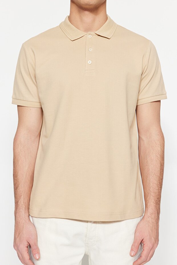 Bej Slim/Dar Kesim Yakası Çizgili Basic %100 Pamuk Polo Yaka T-shirt TMNSS20PO0009 - 2