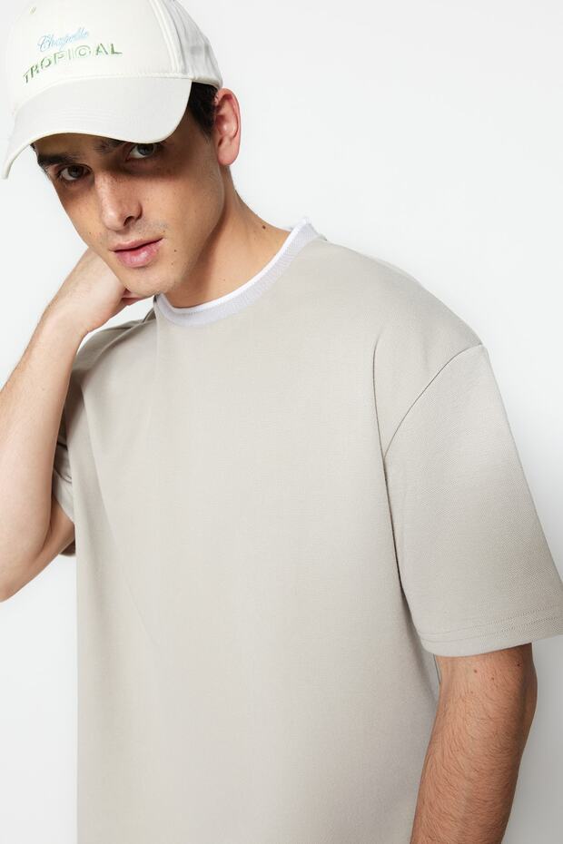 Premium Taş Oversize/Geniş Kesim Triko Bantlı Dokulu Pike T-Shirt TMNSS23TS00079 - 6