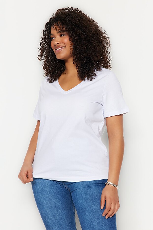Beyaz V Yaka Basic %100 Pamuk Örme T-Shirt TBBSS22BF0028 - 1