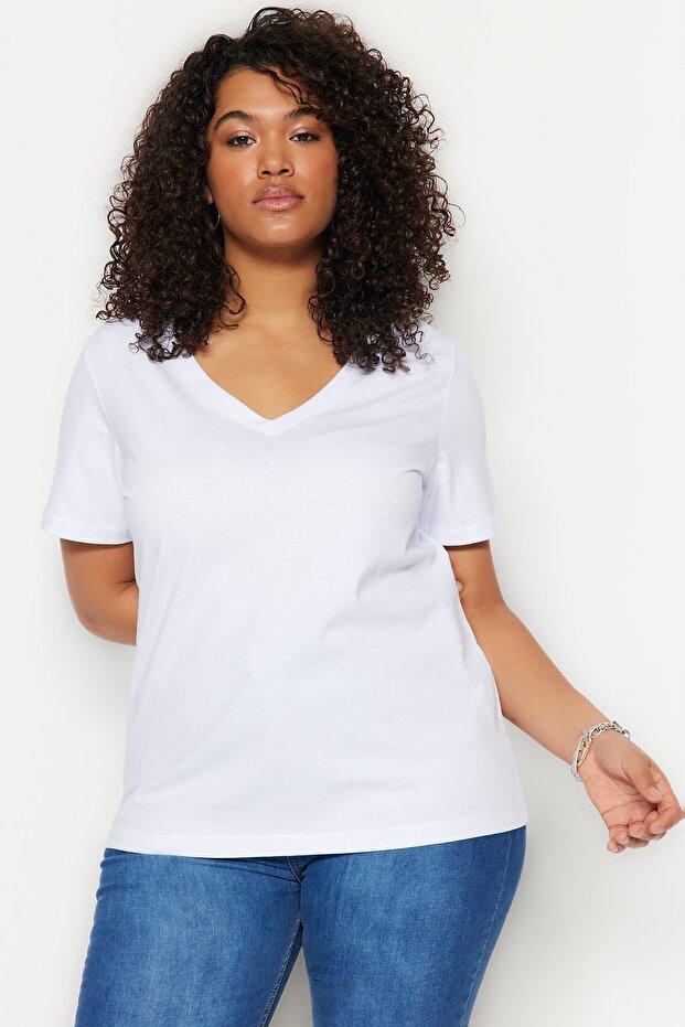 Beyaz V Yaka Basic %100 Pamuk Örme T-Shirt TBBSS22BF0028 - 4