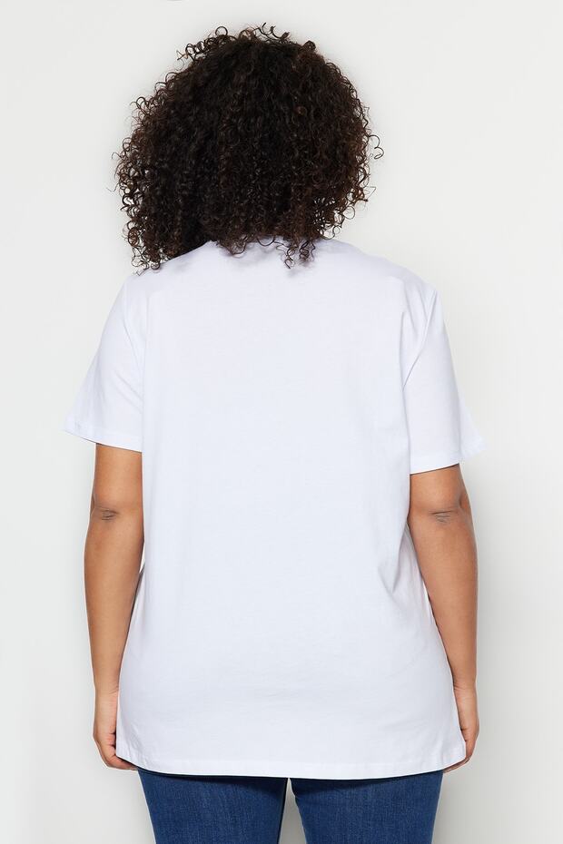 Beyaz Relaxed Bisiklet Yaka Yırtmaçlı %100 Pamuk Örme T-Shirt TBBSS22BF0031 - 5