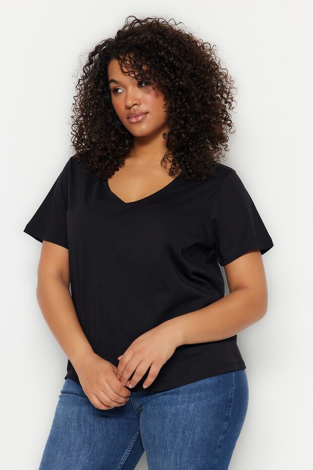 Siyah-Beyaz 2'li Paket Basic V Yaka %100 Pamuk Örme Büyük Beden T-Shirt TBBSS22TS0705 - 2