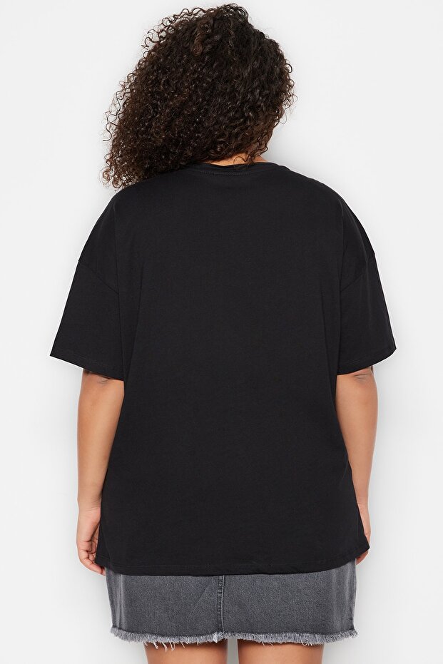 Siyah Geniş Kalıp Baskılı Bisiklet Yaka %100 Pamuk Örme T-shirt TBBSS23BF00015 - 5