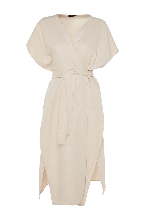Bej Dokuma Yırtmaçlı Maxi Plaj Kuşaklı Kimono&Kaftan TBESS23KM00019 - 7