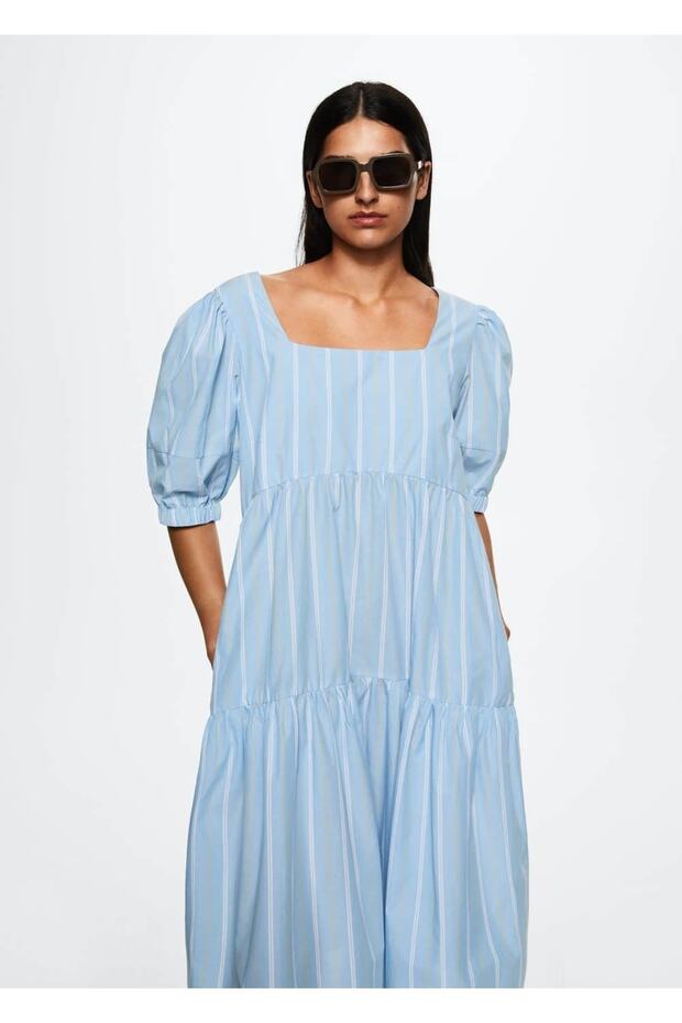 Çizgili Pamuklu Elbise - 1