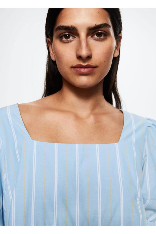 Çizgili Pamuklu Elbise - 5