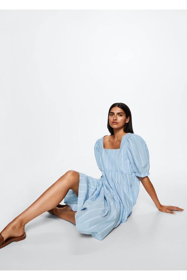 Çizgili Pamuklu Elbise - 7