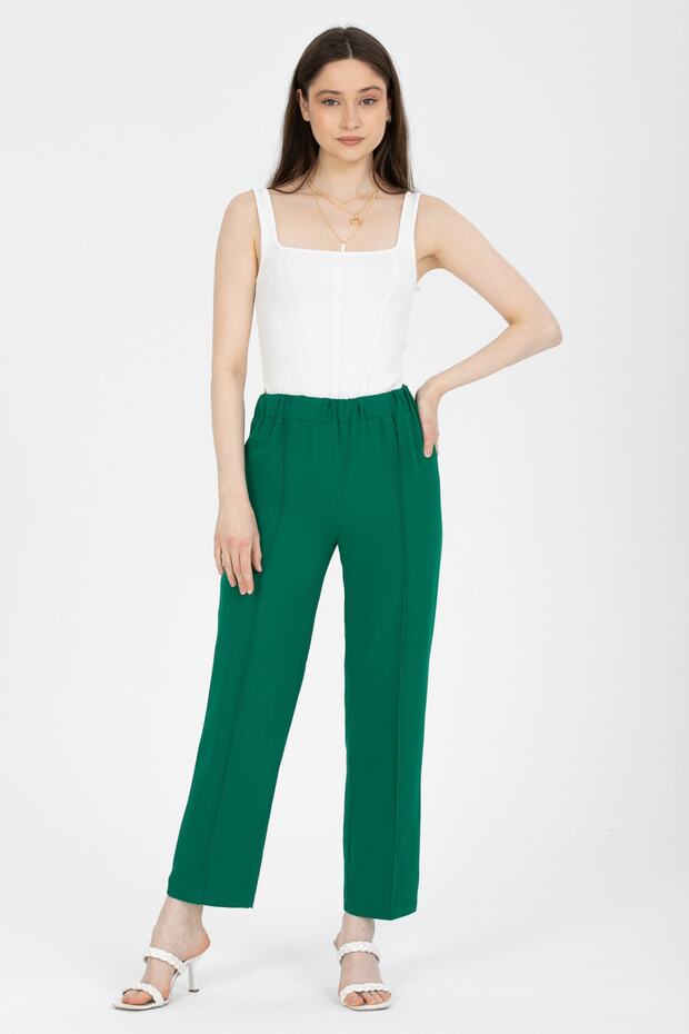 Women's Green Elastic Waist Fabric Trousers with Stitching Detail on the Front
