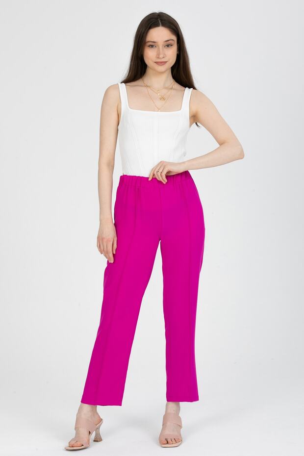 Women's Fuchsia Elastic Waist Fabric Trousers with Stitching Detail on the Front