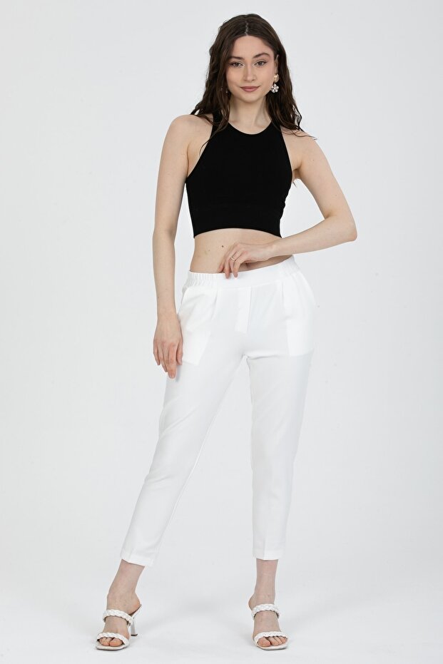 Women's Ecru Elastic Waist Double Pocket Carrot Cut Fabric Trousers