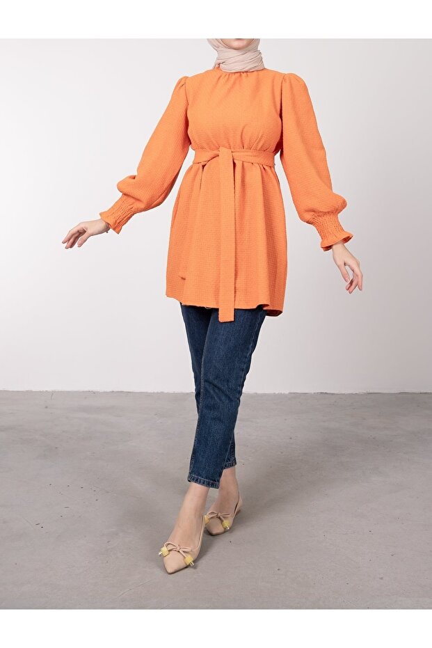 Balloon Sleeve Belted Boucle Hijab Tunic