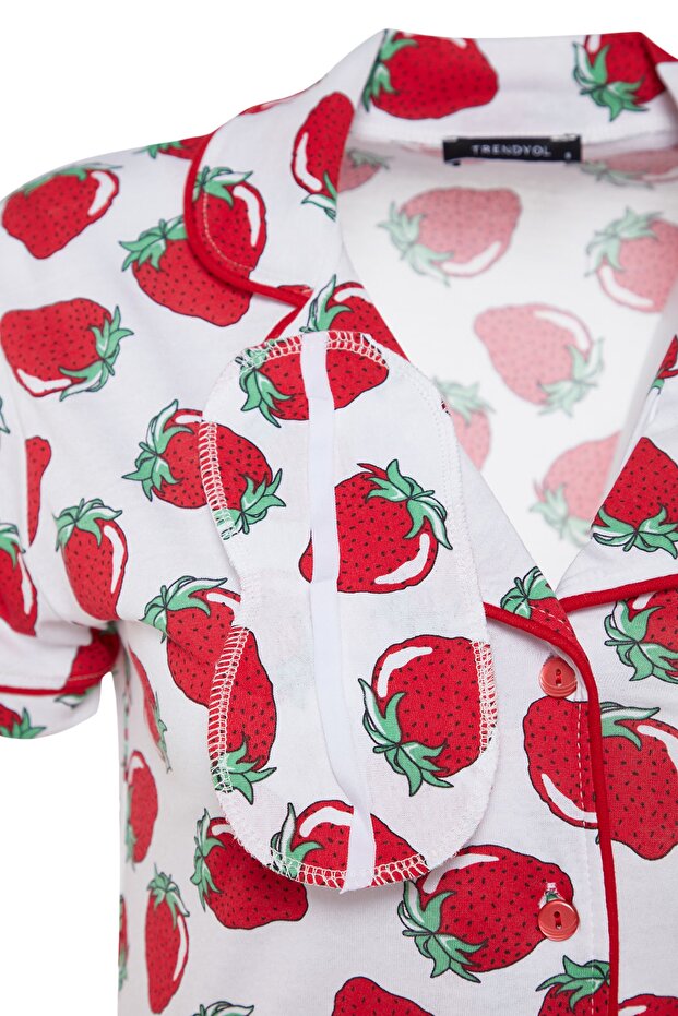 Beyaz Çilek Desenli Biyeli Uyku Bantlı Örme Pijama Takımı THMSS21PT0784 - 9