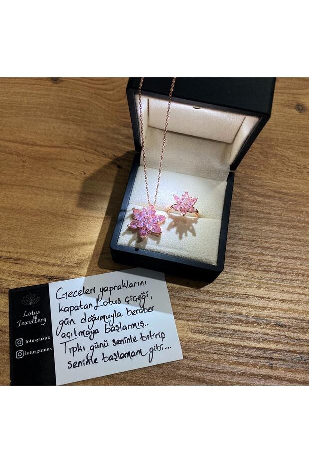 Lotus Çiçeği Kolye Ve Yüzük Seti & Işıklı Set Kutusu | 925 Ayar Gümüş Set - 1