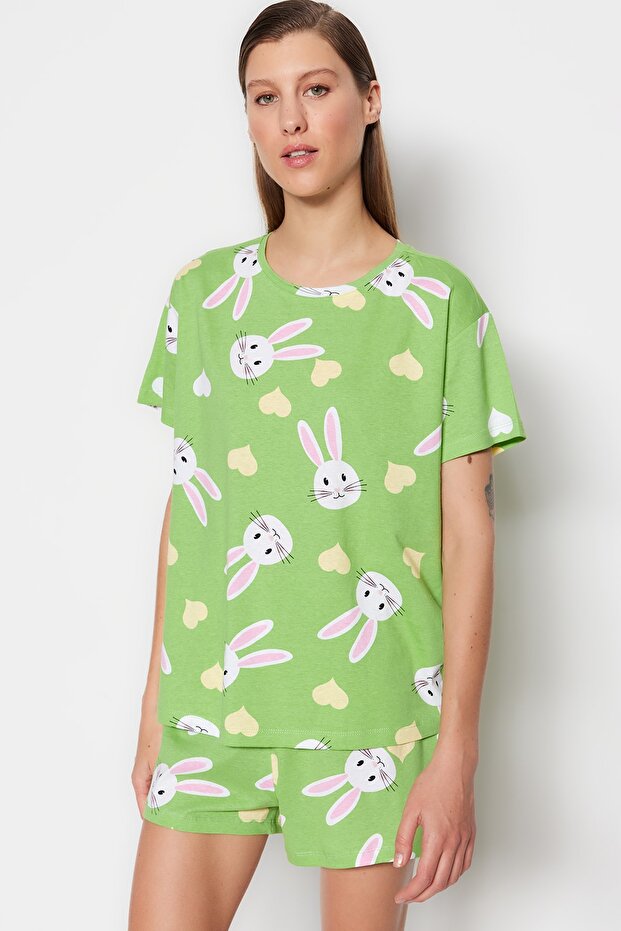 Yeşil %100 Pamuklu Kalpli Tavşan Desenli Şortlu Örme Pijama Takımı THMSS23PT00005 - 3