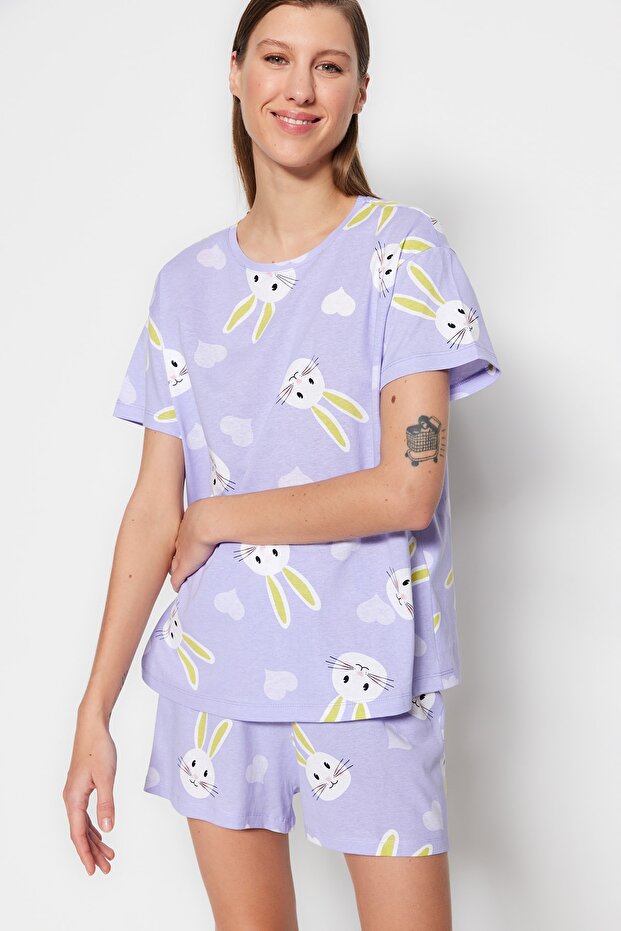 Set pyžama se vzorem srdce Lilac Bavlna Rabbit - Tričko a šortky THMSS23PT00005 - 2