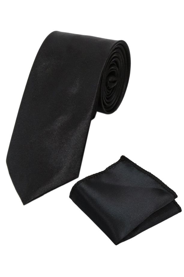 Erkek Çocuk Düz Saten Siyah Kravat Ve Mendil Set 03-14 Yaş Tek Ebat 120x5cm - 1