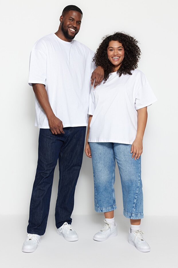 Büyük Beden Beyaz Oversize Rahat Basic %100 Pamuklu T-Shirt TMNSS23TS00139 - 2