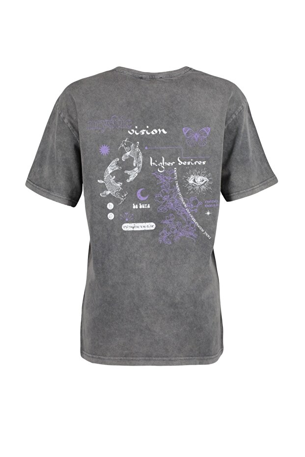 Antrasit %100 Kalın Pamuklu Soluk Efektli Sırt Baskılı Boyfriend Örme T-Shirt TWOSS23TS00109 - 13