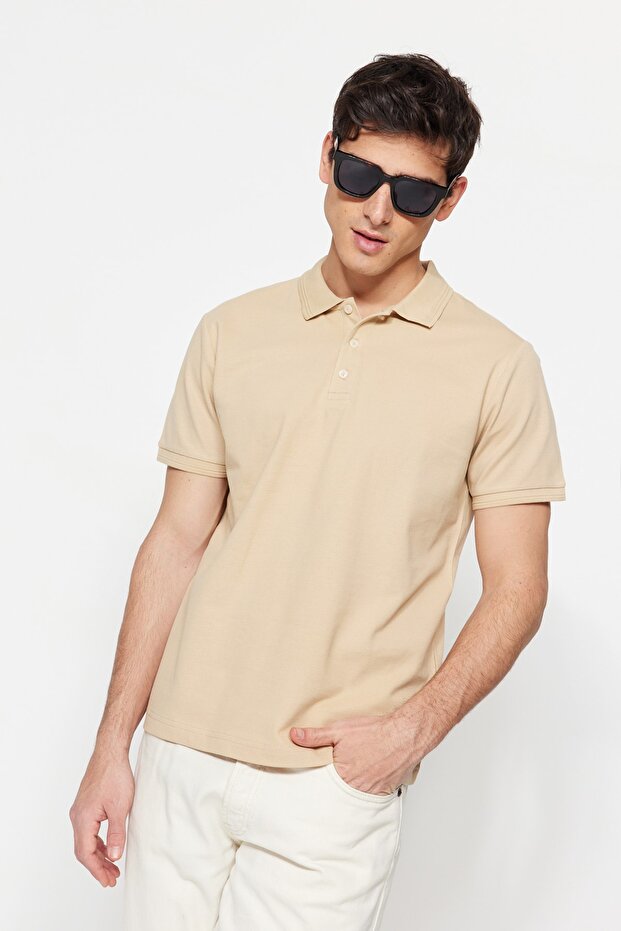 Bej Slim/Dar Kesim Yakası Çizgili Basic %100 Pamuk Polo Yaka T-shirt TMNSS20PO0009 - 4