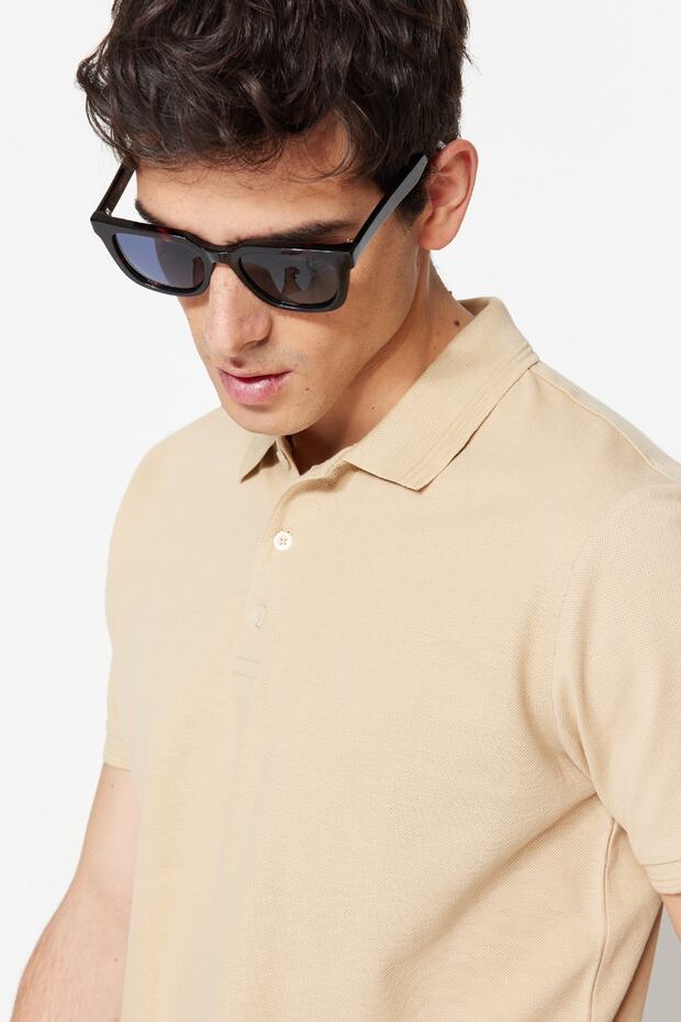 Bej Slim/Dar Kesim Yakası Çizgili Basic %100 Pamuk Polo Yaka T-shirt TMNSS20PO0009 - 1
