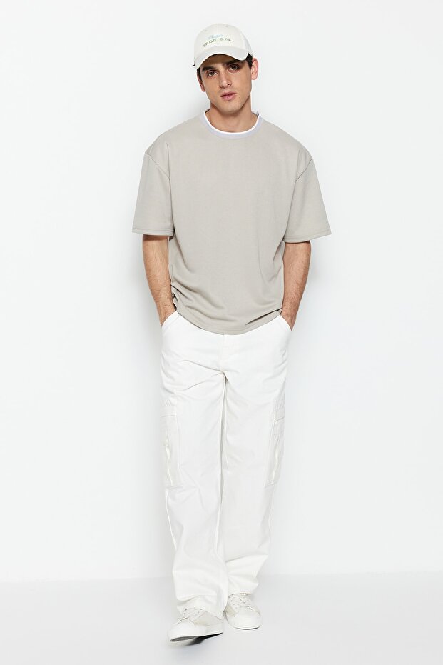 Premium Taş Oversize/Geniş Kesim Triko Bantlı Dokulu Pike T-Shirt TMNSS23TS00079 - 4