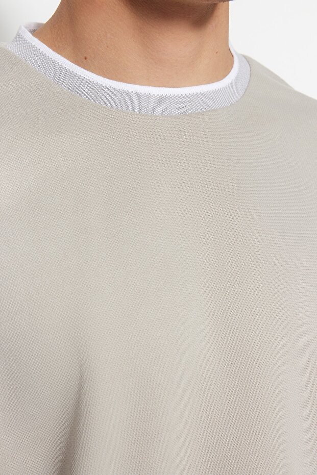 Premium Taş Oversize/Geniş Kesim Triko Bantlı Dokulu Pike T-Shirt TMNSS23TS00079 - 5