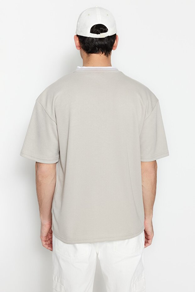 Premium Taş Oversize/Geniş Kesim Triko Bantlı Dokulu Pike T-Shirt TMNSS23TS00079 - 2