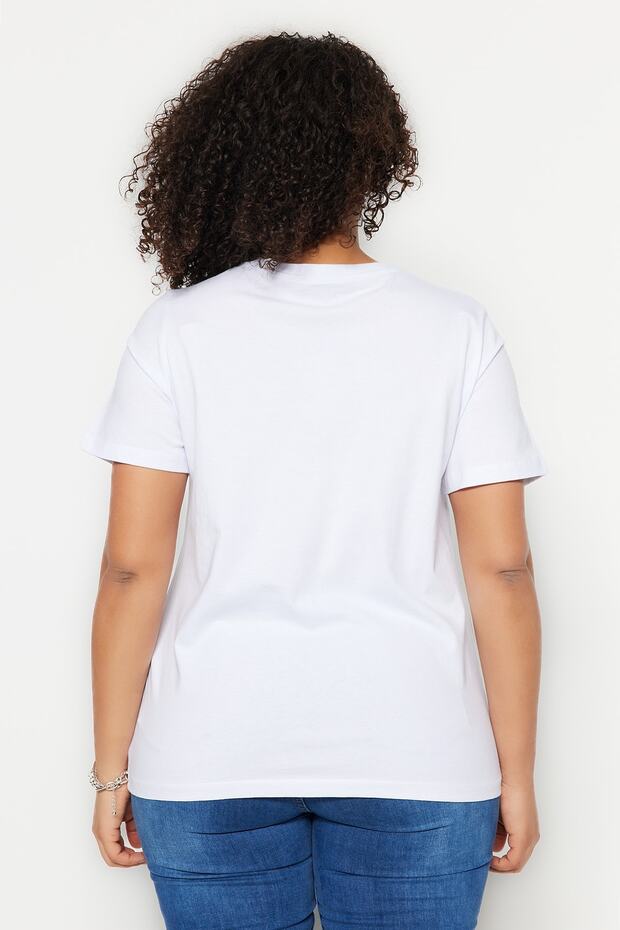 Beyaz V Yaka Basic %100 Pamuk Örme T-Shirt TBBSS22BF0028 - 5