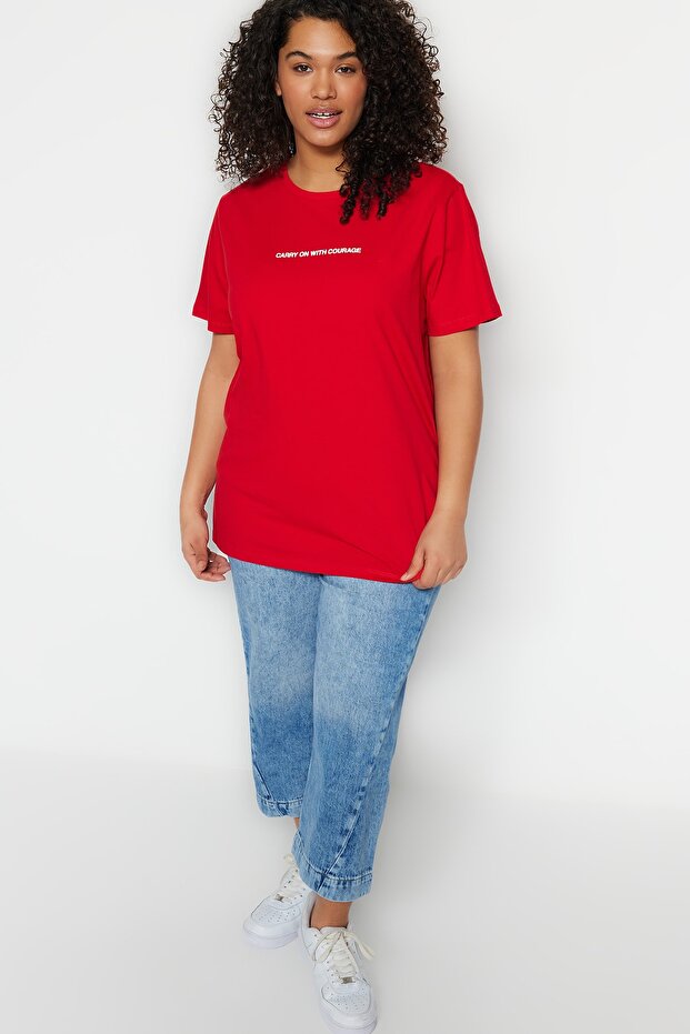 Rotes T-Shirt mit Rundhalsausschnitt aus 100 % Baumwolle in Übergröße – mit Slogan-Aufdruck TBBSS23BF00022 - 5